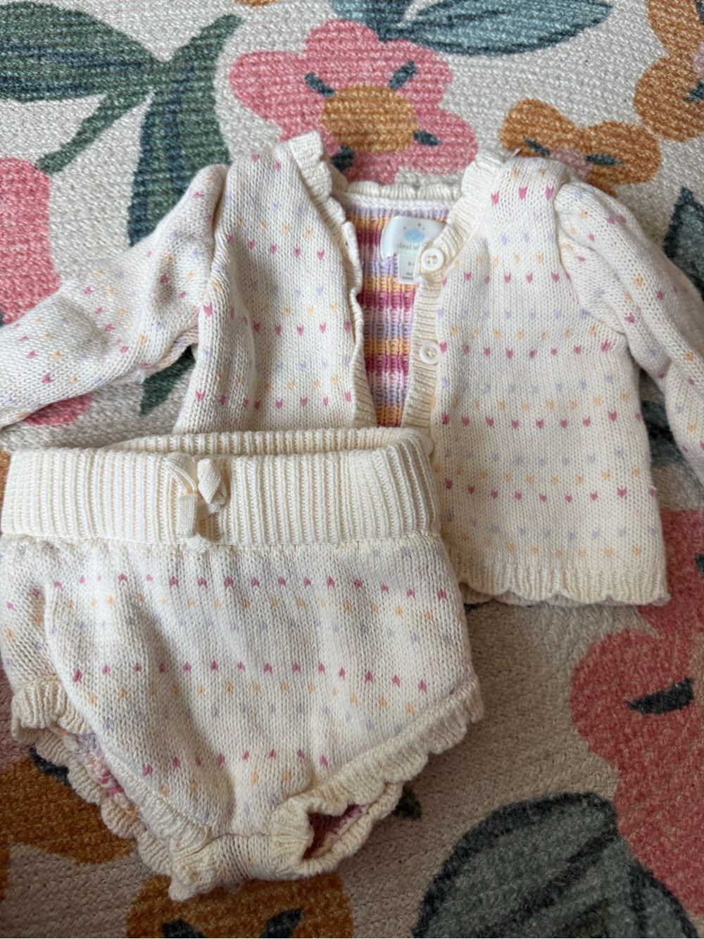 Cloud Island Cream Knit Baby Cardigan & Bloomers Set with Pink Dot Detail